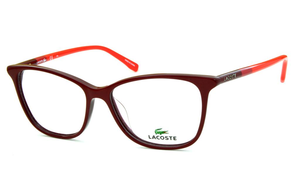 Óculos Lacoste L2751 bordô estilo gatinho hastes coloridas