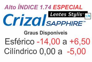 Lente Crizal Sapphire Stylis Alto Índice 1.74 grau Esférico -14,00 a +6,50 / Cilíndrico 0 a -5,00