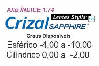 Lente Crizal Sapphire Stylis Alto Índice 1.74 grau Esférico -4,00 a -10,00 / Cilíndrico 0 a -2,00