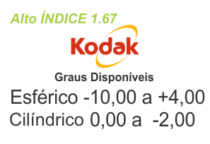 Lente Kodak Alto Índice 1.67 super fina anti reflexo grau Esférico -10 a +4,00 Cilíndrico 0 a -2,00