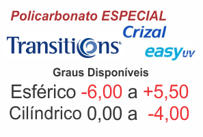 Lente Transitions Crizal Easy ESPECIAL em Policarbonato Grau Esférico -6,00 a +5,50 / Cil. 0 a -4,00