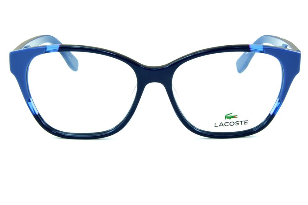 Armação de grau feminina colorida Lacoste em acetato azul marinho e claro quadrada estilo gatinho
