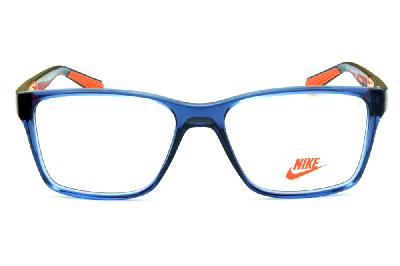 Armação de óculos de grau infantil quadrada Nike azul translúcido e laranja para meninos