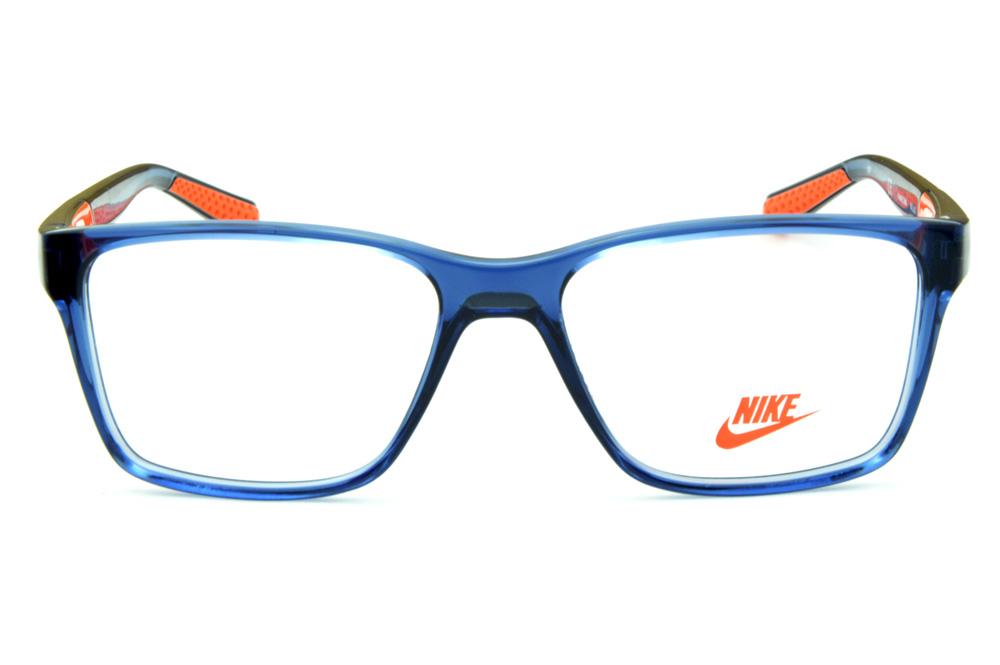 Armação de óculos de grau infantil quadrada Nike azul translúcido e laranja para meninos