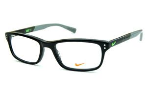 Armação de grau masculino quadrado óculos Nike preto haste cinza e logo verde fluorescente esportivo