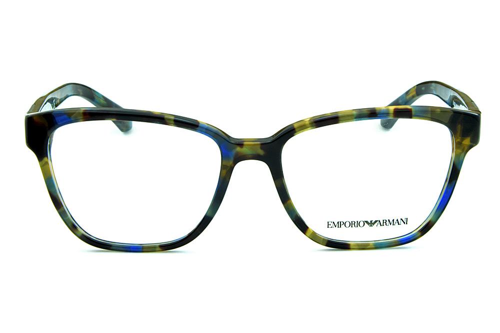 Armação de grau feminina óculos Emporio Armani colorido tartaruga azul mesclado com logotipo azul