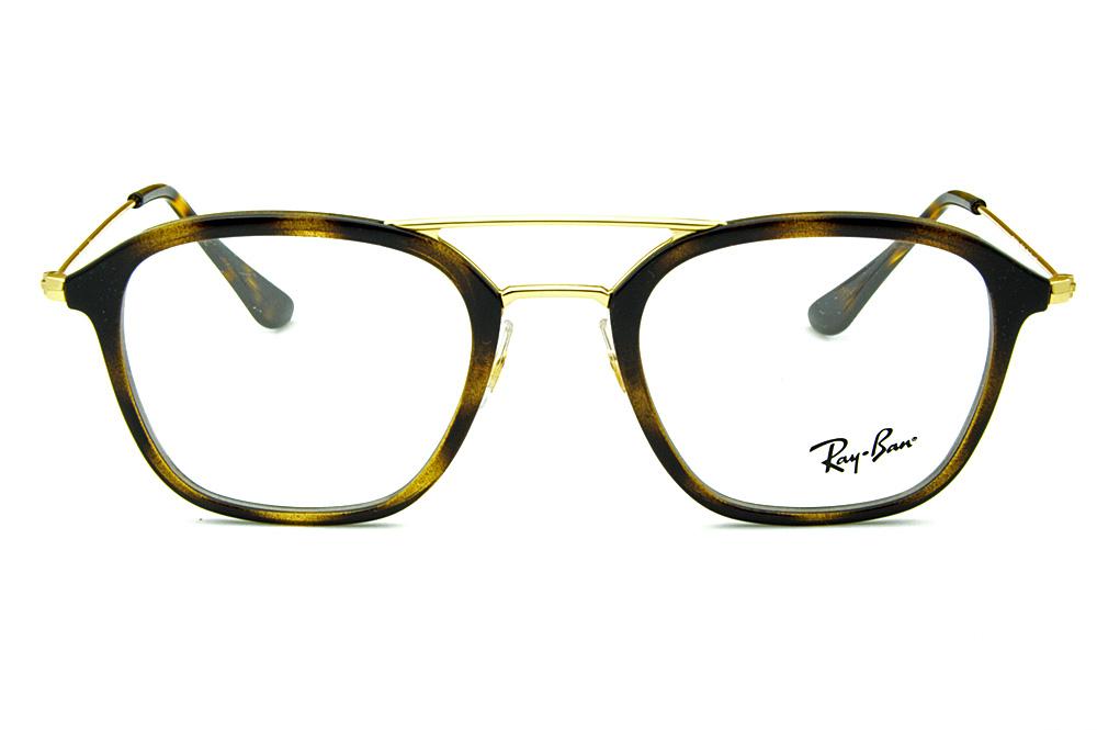 Armação de óculos de grau Ray-Ban marrom mesclado tartaruga onça ponte e haste fina metal dourado