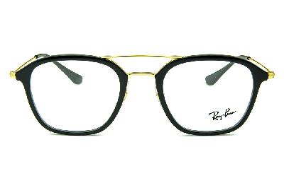Armação de óculos de grau masculino feminino Ray-Ban acetato preto e metal dourado haste fina delicado