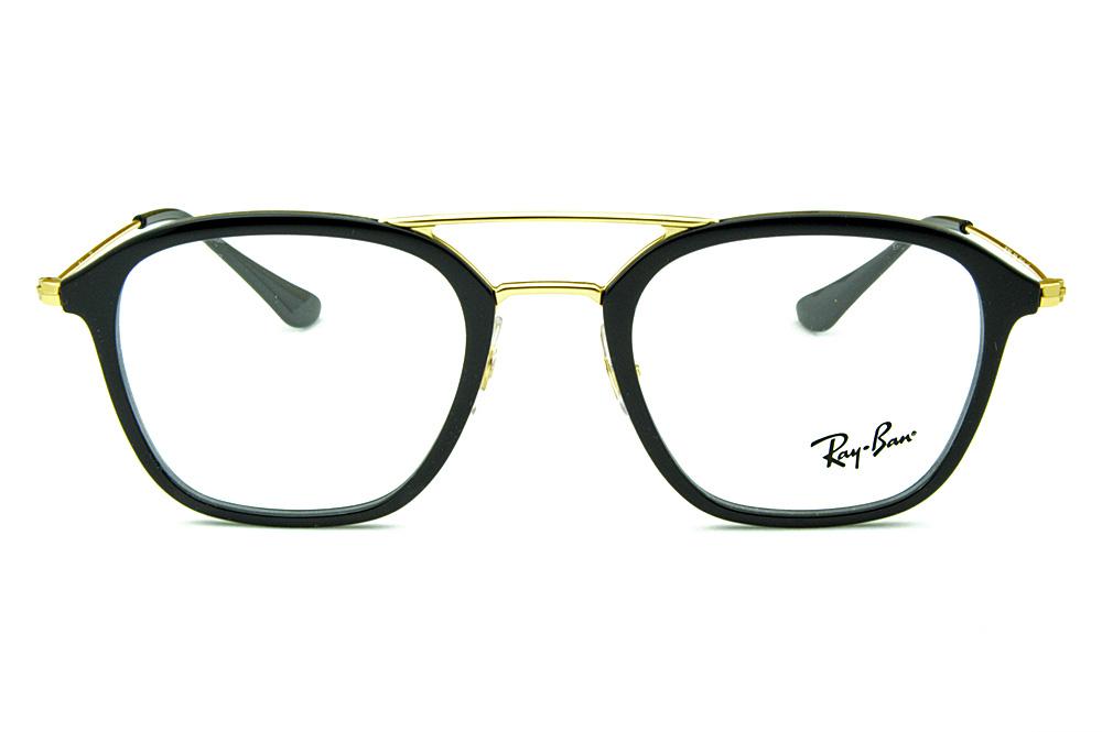 Armação de óculos de grau masculino feminino Ray-Ban acetato preto e metal dourado haste fina delicado
