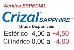Lente Crizal Sapphire ESPECIAL acrílica anti reflexo grau Esférico -4,00 a +4,50 / Cil. 0 a -4,00