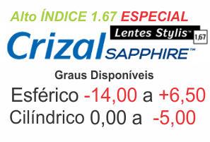 Lente Crizal Sapphire Stylis Alto Índice 1.67 ESPECIAL Grau Esférico -14,00 a +6,50 / Cil. 0 a -5,00