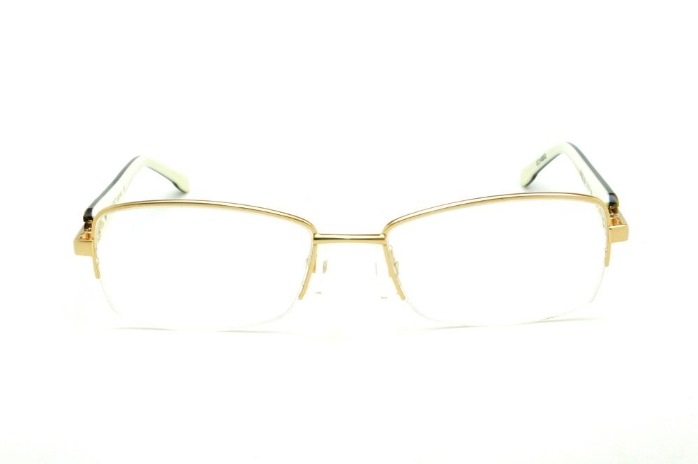 Óculos Bulget dourado em nylon com haste camuflada/branca flexível de mola e strass bronze