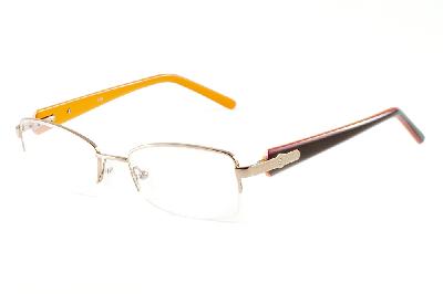 Armação de grau feminino óculos Ilusion dourado metálico fio de nylon haste marrom laranja e strass