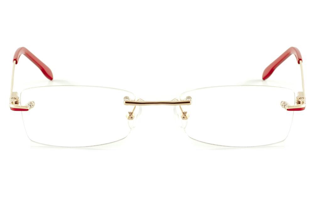 Óculos Ilusion dourado modelo parafusado com haste vermelha e dourado