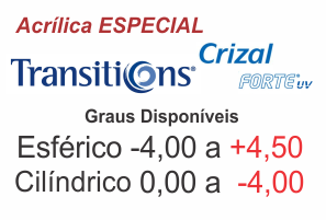 Lente Transitions Crizal Forte  ESPECIAL Acrílica com Anti Reflexo - Grau Esférico -4,00 a +4,50 / Cilíndrico 0 a -4,00 .:. Todos os eixos
