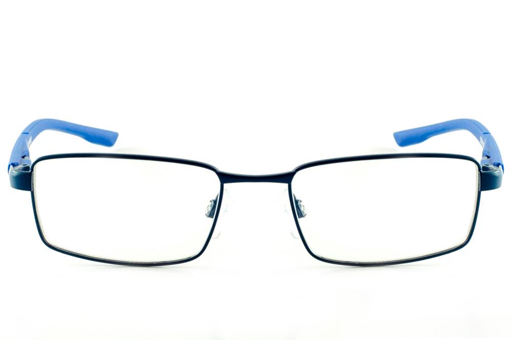 Óculos Atitude infantil metal azul marinho com haste azul royal e branca com vermelho