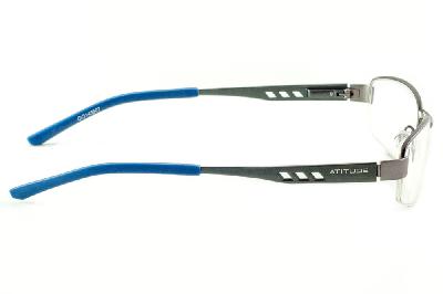 Óculos Atitude metal silver com haste grafite/azul royal e detalhe vazado flexível de mola