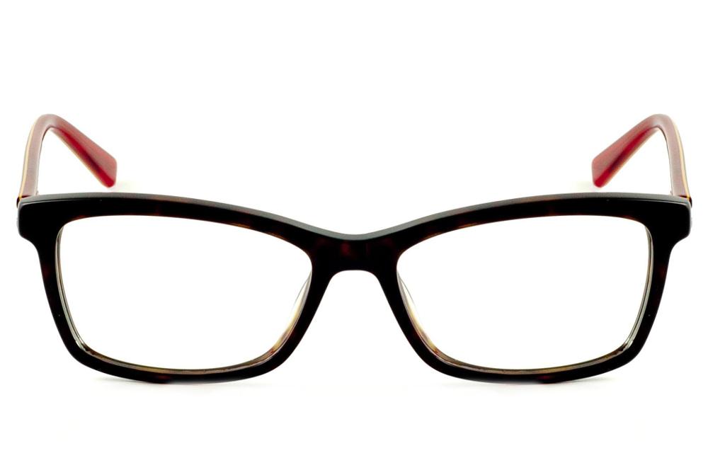 Óculos Ilusion acetato marron escuro demi efeito onça com haste vermelho/marrom e strass