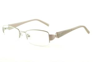 Armação de grau feminina Ilusion óculos prata fio de nylon e haste areia e cinza mesclado com strass
