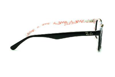 Óculos de grau Ray-Ban acetato preto com haste estampada branca e escrita vermelha