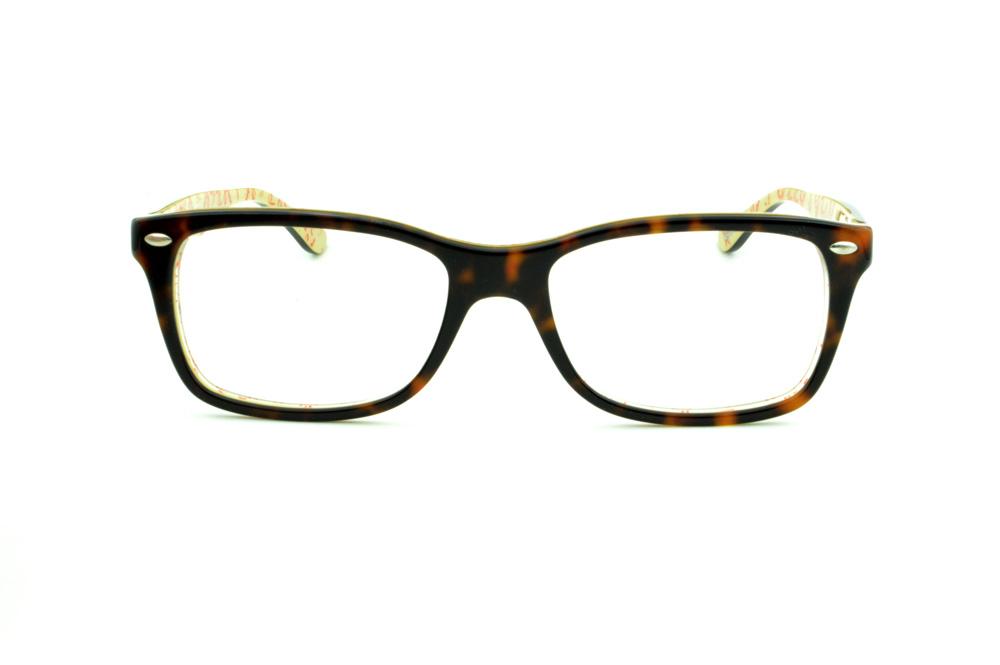 Óculos de grau Ray-Ban acetato demi tartaruga com haste estampada creme e escrita laranja