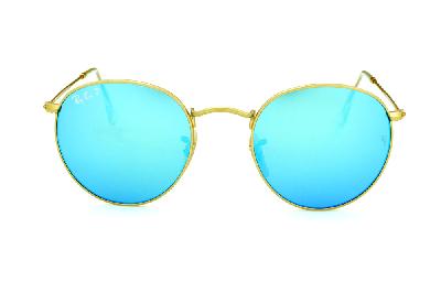 Óculos de sol Ray-Ban Round metal dourado com lente espelhada azul polarizada