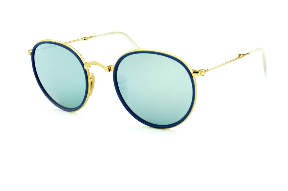 Óculos Ray-Ban Round RB 3517 metal dourado friso azul redondo com lente espelhada prata suave