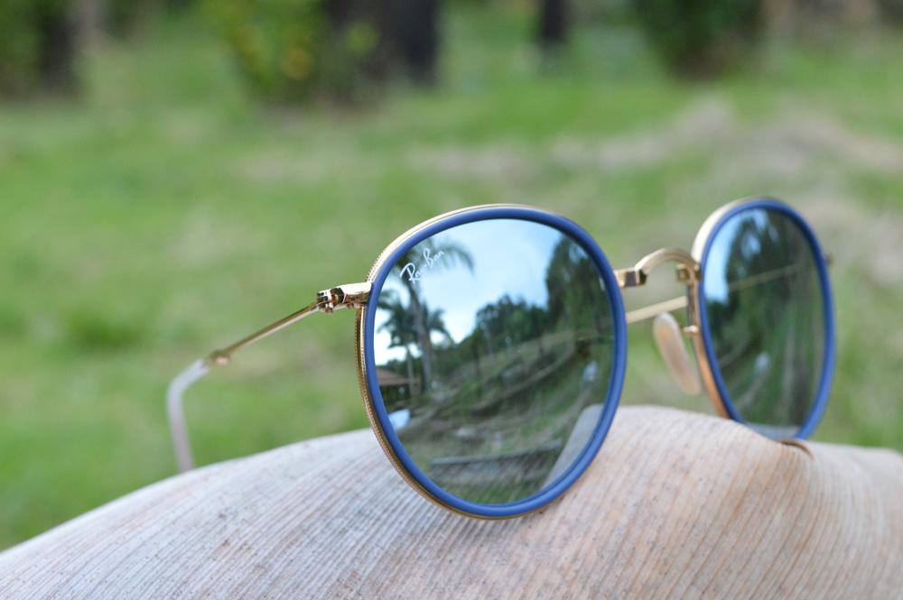 Óculos Ray-Ban Round RB3517 dourado friso azul lente prata